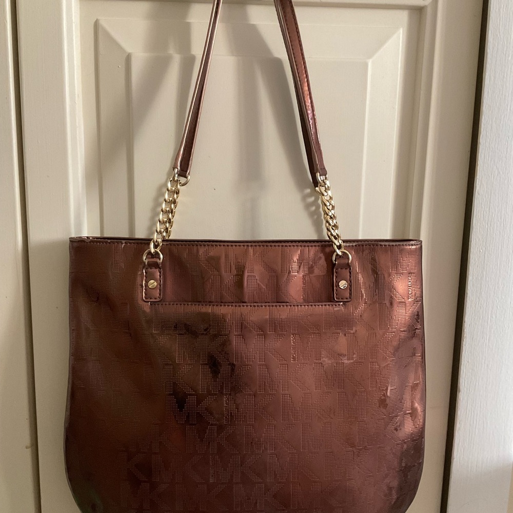 Michael Kors Metallic Rose Brown Tote with Gold Chain Straps